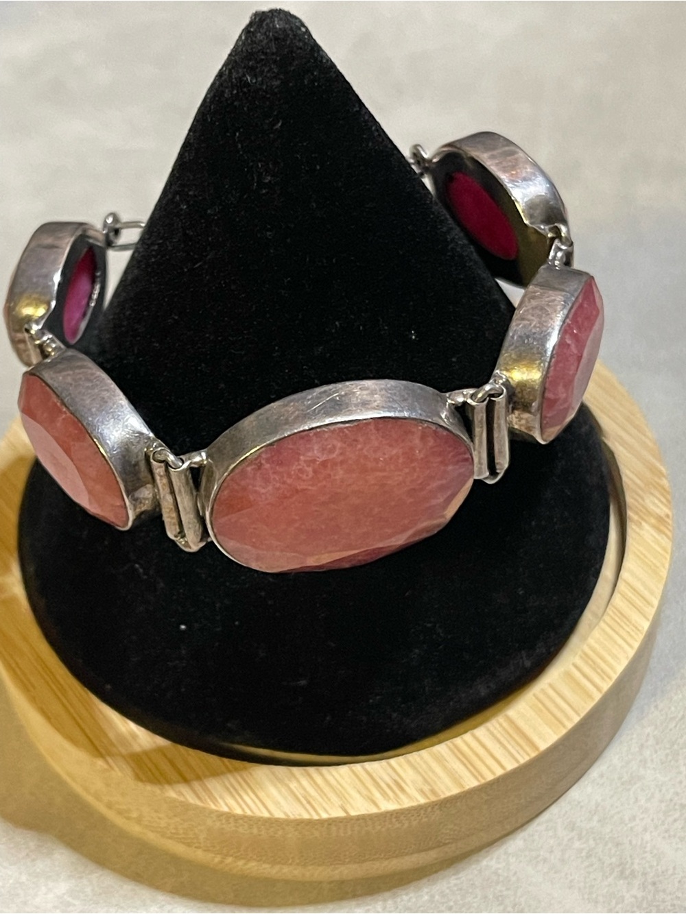 .925 Sterling Silver Bold 42g 5 Bezel Set Pink Quartzite/Chalcedony Bracelet